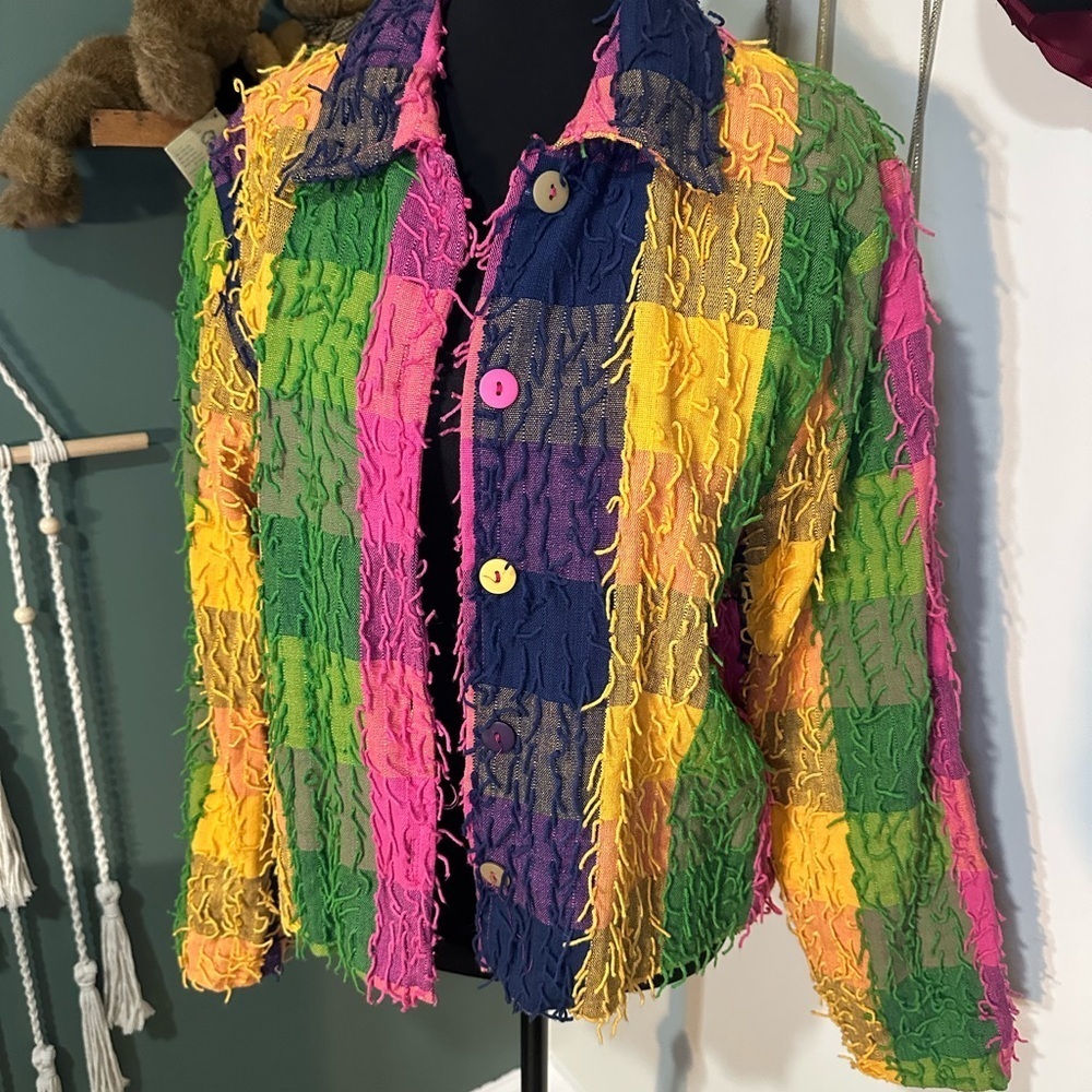 90s Color-block Patchwork Jacket Medium Textured Fringe Cotton Button Up Coat - Picture 1 of 4